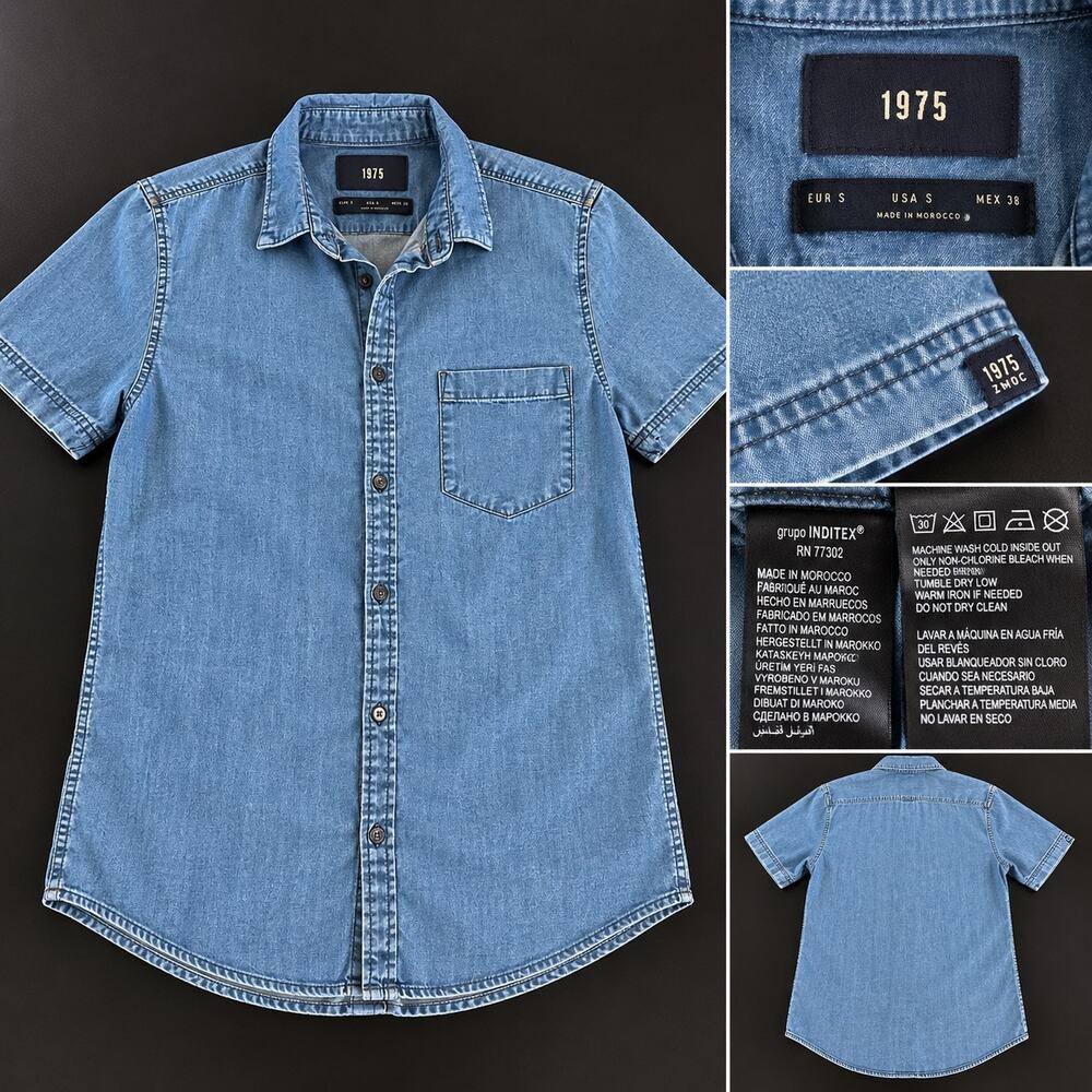 1975 Men’s Blue Washed Denim Short Sleeve Button Down Shirt Size S